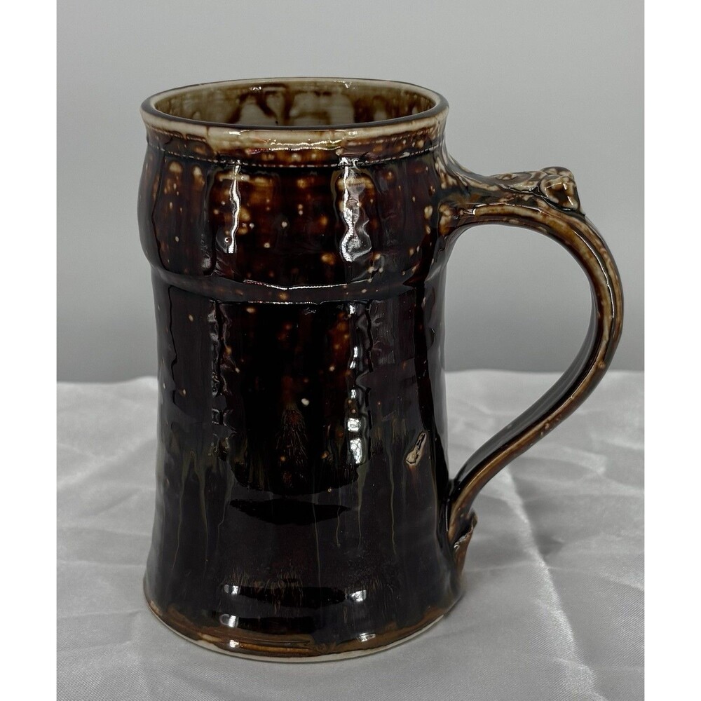 Vintage Studio Pottery Dragon Handle Tankard Mug Brown Glaze Artist Marked 5”